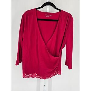 Coldwater Creek Womens Sz L 3/4 Sleeve Top Faux Wrap Red Lace Hem
